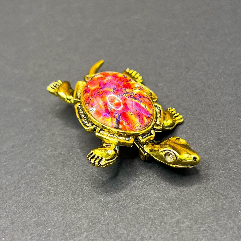 Vintage Turtle Gold Pink Red Turtle Brooch Pin